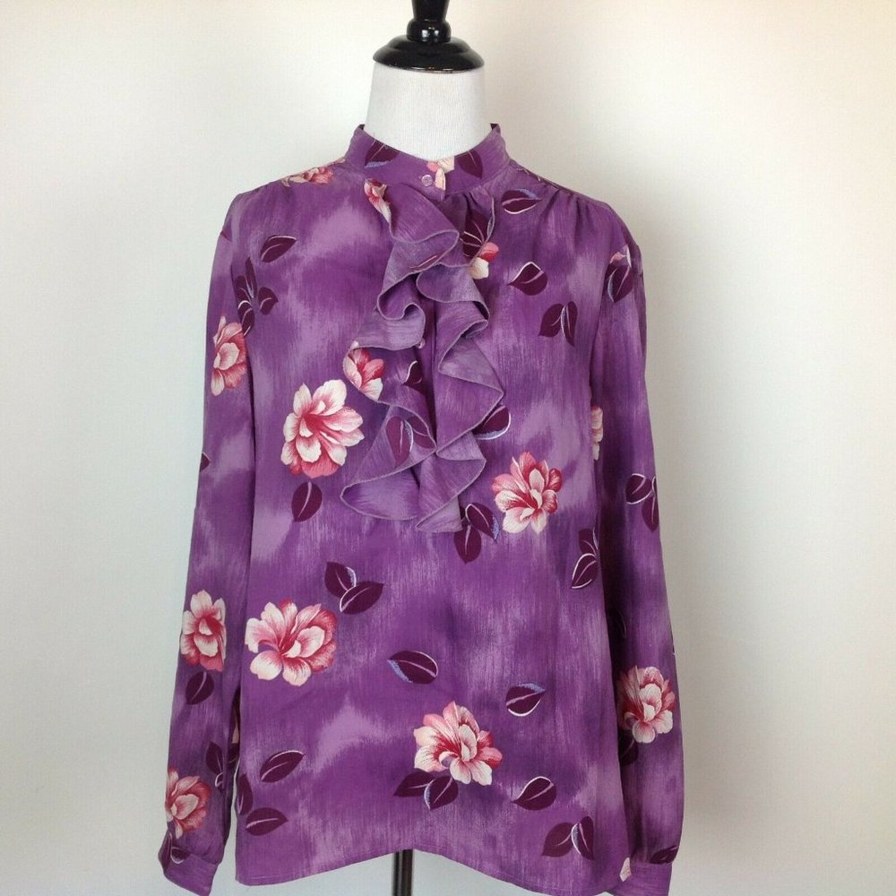 Vintage Pykettes Top Ruffle Floral Purple Womens 16